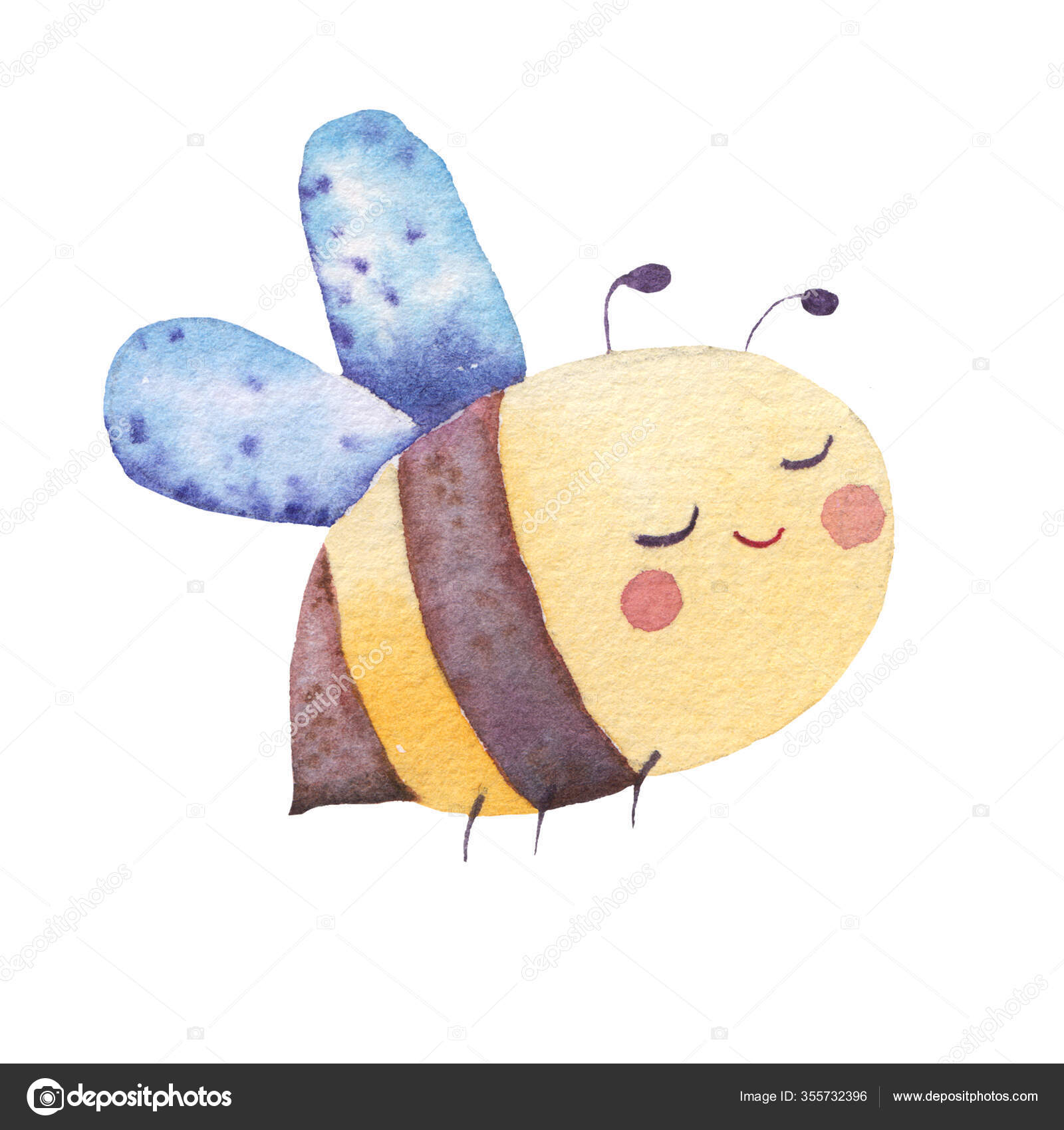 Watercolor Yellow Striped Bee Wasp Flies White Background Stock