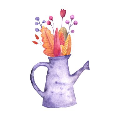 Çiçekli sulama kutusu lale yaprakları beyaz arka planda sonbahar yaprakları