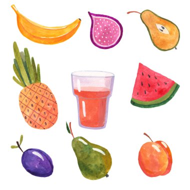 Meyve suyu, detoks, taze, vejetaryenler için muz, ananas, erik, armut, incir, elma suluboya resimli beyaz arka plan