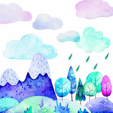 Ormana yağmur yağdıran doğa bulutları. Beyaz arka planda suluboya çizimler.