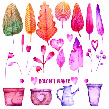 Tek tek yapraklar ve çiçeklerle bir buket oluşturun. Beyaz arkaplanda ayrık elementler suluboya çizimi