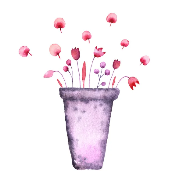 Tulips Red Pink Leaves Flowerpot Pot Watercolor Stains White Background — Stock Photo, Image