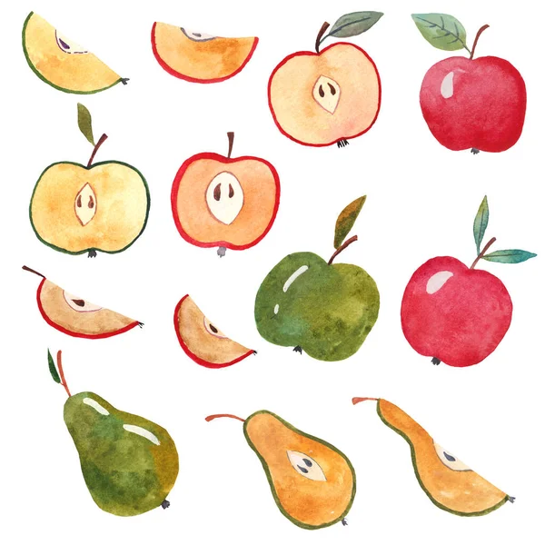 Apple Pear Whole Half Slices Red Green Watercolor Illustration White — Stock Photo, Image