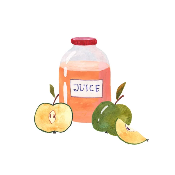 Bottle Juice Detox Vegan Green Apples Watercolor Illustration White Background — Stock Photo, Image