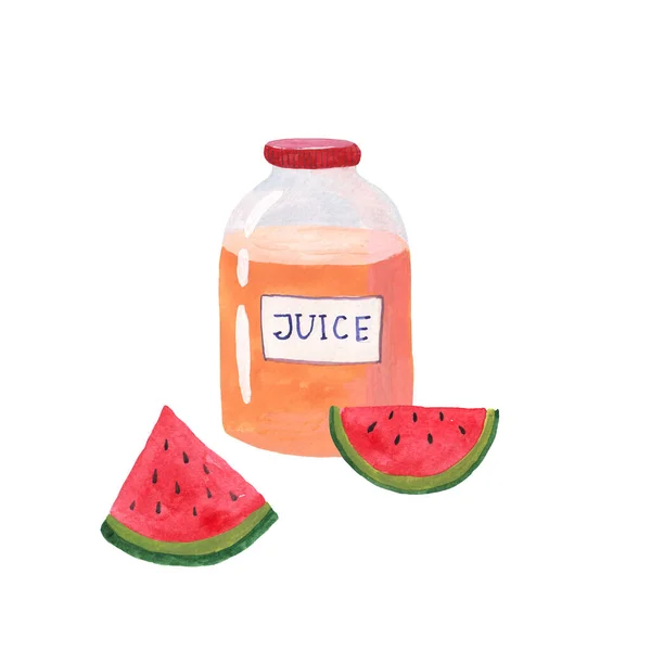 Bottle Juice Detox Vegan Watermelon Watercolor Illustration White Background — Stock Photo, Image
