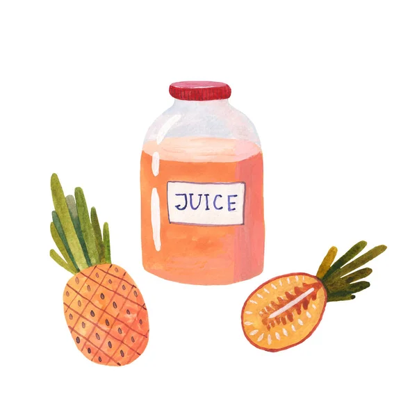 Bottle Juice Detox Vegans Pineapple Watercolor Illustration White Background — Stock Photo, Image