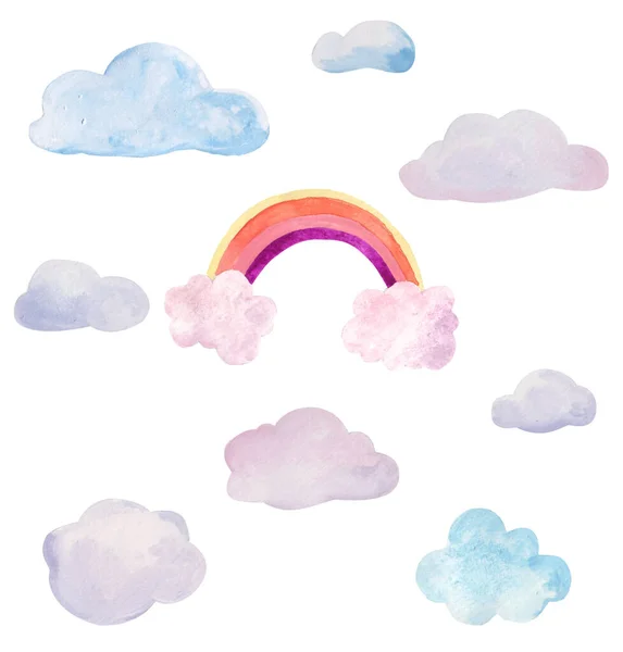 Nuvole Con Arcobaleno Illustrazione Acquerello Bambini Sfondo Bianco Carta Bambini — Foto Stock