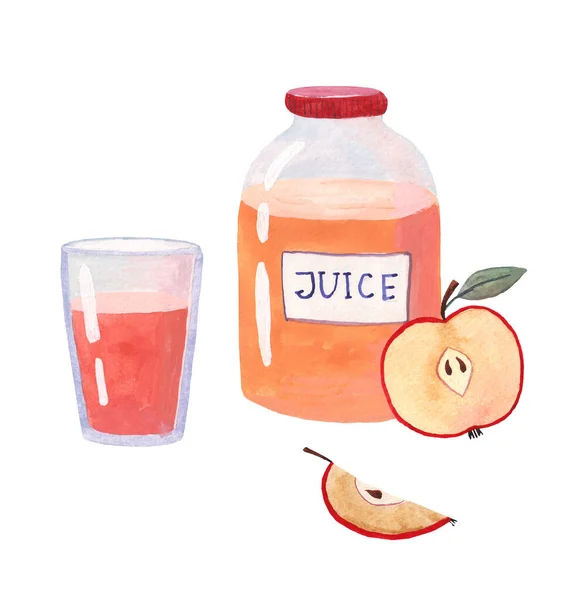 Jar Glass Apple Juice Row Apples Greeting Card Watercolor Illustration — Stock Photo, Image