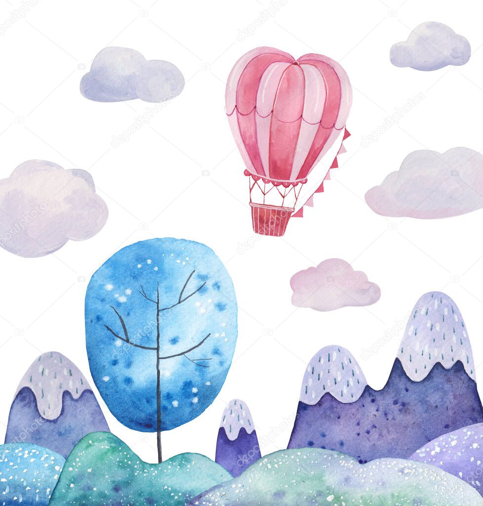  landscape with trees and air-shaped heart shaped childrens watercolor illustration on white background
