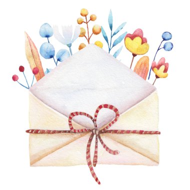 kırmızı turuncu ve mavi yapraklı suluboya zarf ve beyaz arka planda bir zarfın arkasında çiçekler