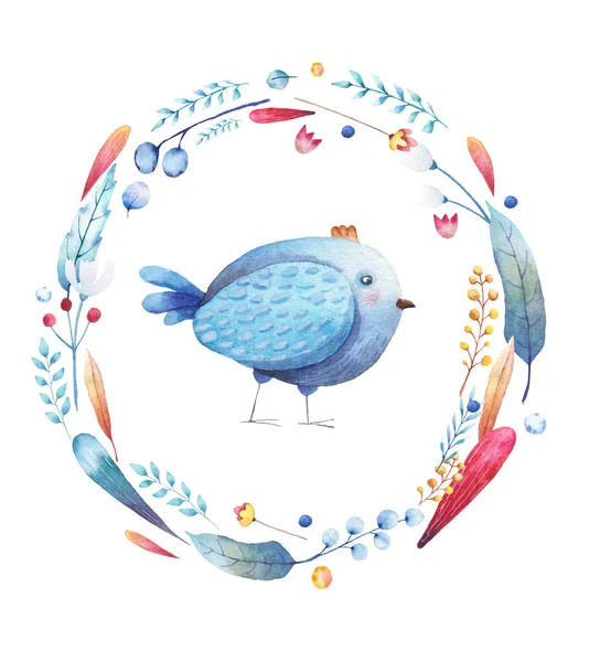 Cercle Avec Oiseau Bleu Fleurs Aquarelle Casting Branches Sur Fond — Photo