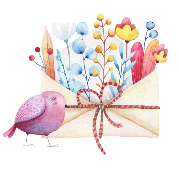 水色信封 信封里有红色和橙色的叶子和花朵 白色背景上有一只粉红的鸟 — 图库照片