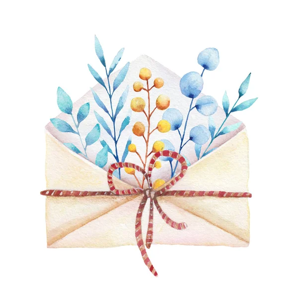 Akvarell Boríték Kék Lila Virágokkal Levelekkel Fehér Alapon — Stock Fotó
