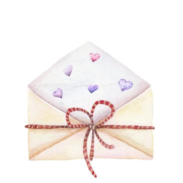 Watercolor Envelope Red Purple Hearts White Background — Stock Photo, Image