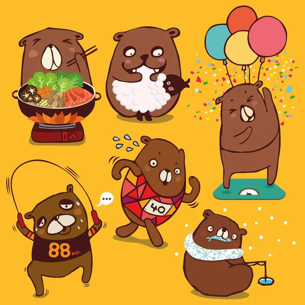 ベクトル漫画スタイル 茶色のクマのキャラクター さまざまなかわいい感情や食事への活動カラー背景に隔離された — ストックベクタ
