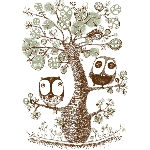 Cute Duo Owls Hang Little Tree Wildlife Print Vector — Stock Vector
