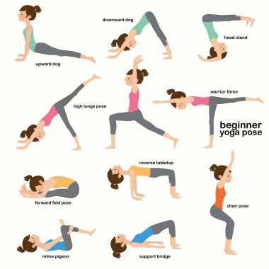 Koleksiyon yoga kadını poz egzersizleri, düz vektör çizimi