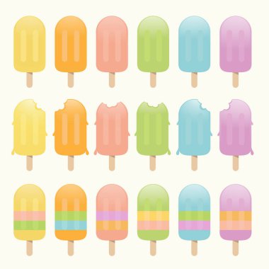 Pastel ve renkli dondurma, soğuk taze atıştırmalık yaz tatili tatlısı, vektör.