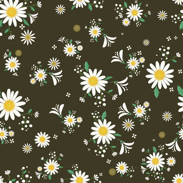 Nahtloses Gänseblümchen Blumenmuster Dunklen Hintergrund Wunderschönes Gänseblümchen Blumendekor Blühendes Pflanzengras — Stockvektor