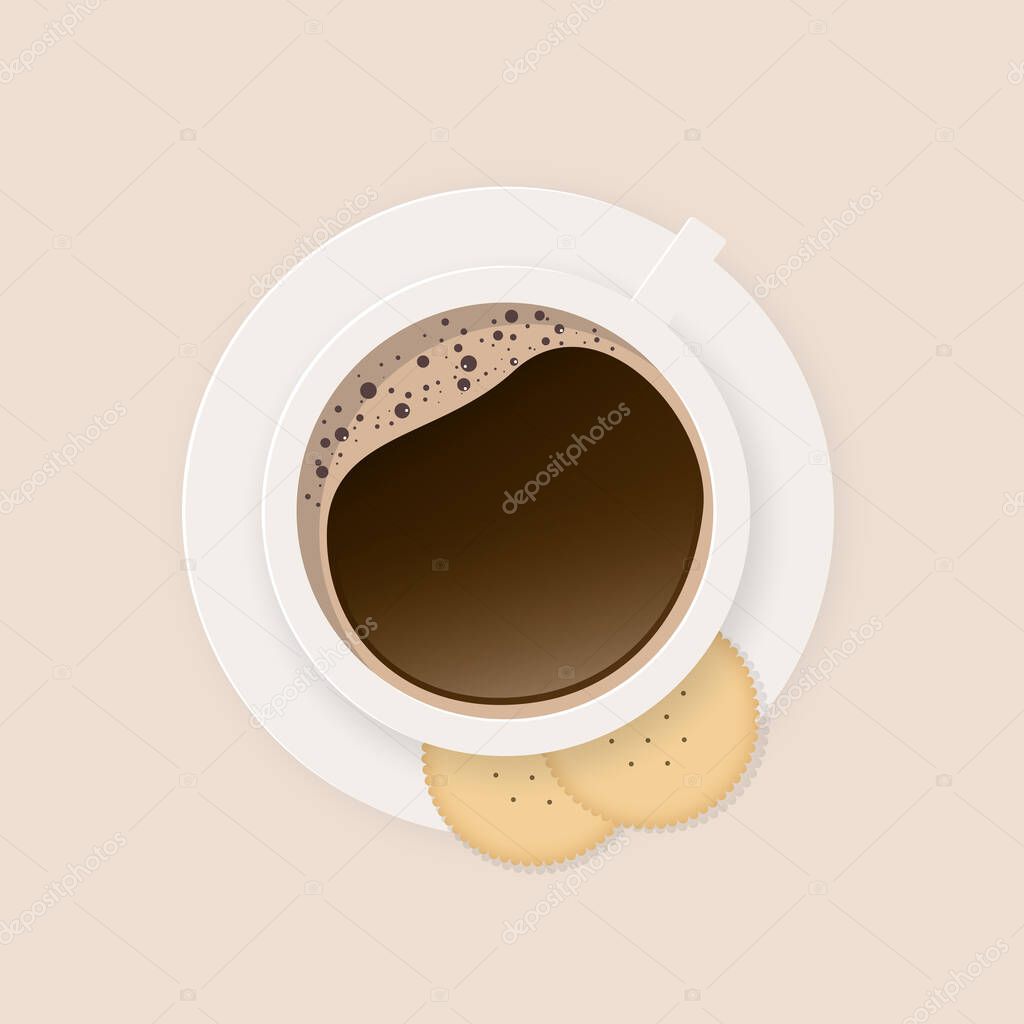 simply Design a Cup of Coffee on a light Background with cookies, Top View, vector