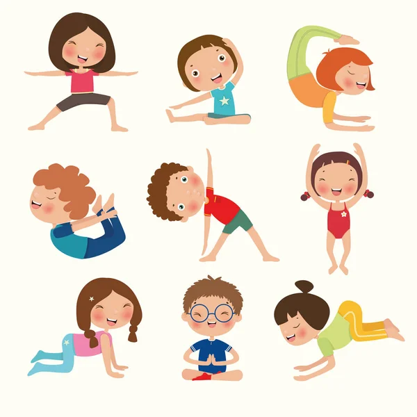 Yogacı çocukların çeşitliliği, düz stil yoga pozları, jimnastik ve sağlıklı, vektör, illüstrasyon
