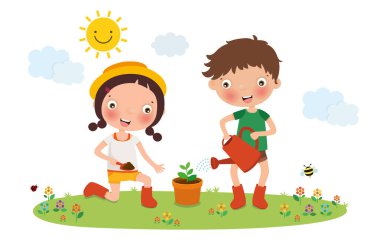 Çocuklar ağaç dikiyor, vektör, illüstrasyon