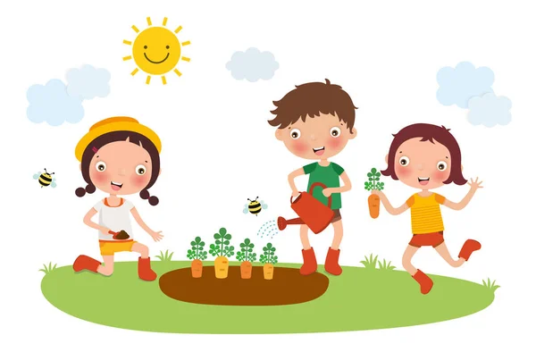 Plantar Cultivar Cosechar Zanahoria Por Niños Vector Ilustración — Vector de stock
