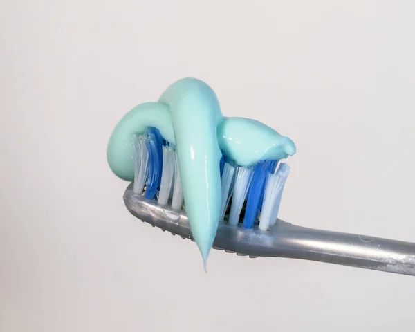 Toothbrush Blue Toothpaste Close White Background — Stock Photo, Image