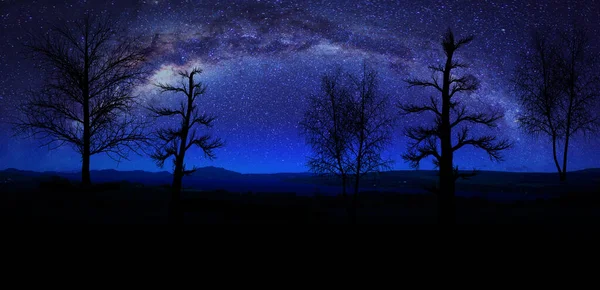 Tejút Éjszakai Panoráma Sziluettekkel Hegyek Fák — Stock Fotó