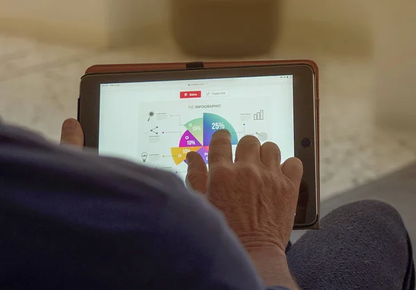 Tablet 'te okurken bir adamın elleri - tabletle internete bağlanan bir serbest yazar. Bilim adamı eğri ve sütun grafiklerine odaklandı.