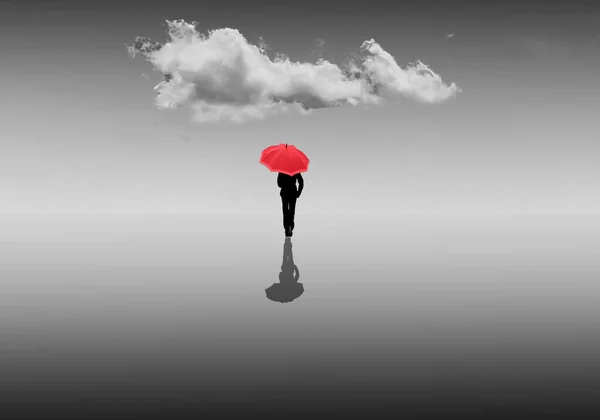 Silhouette Fille Avec Parapluie Dans Contexte Onirique Parapluie Rouge Avec — Photo