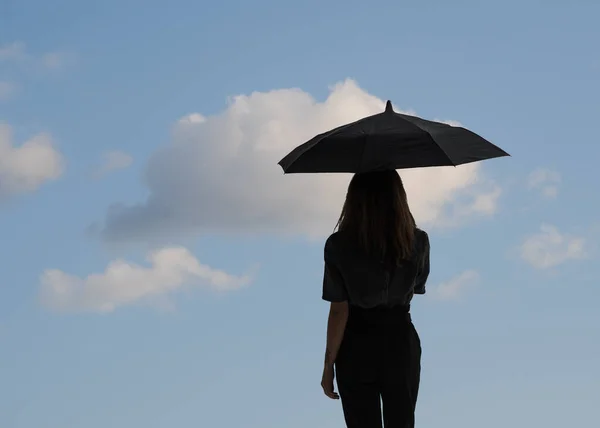 Silhouette Girl Umbrella Dreamlike Setting Blue Sky White Speech Bubble — Stock Photo, Image