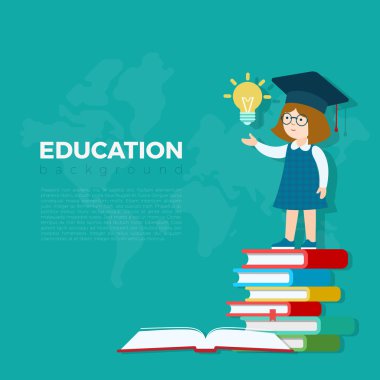 Kitap yığını üzerinde duran öğrenci kız