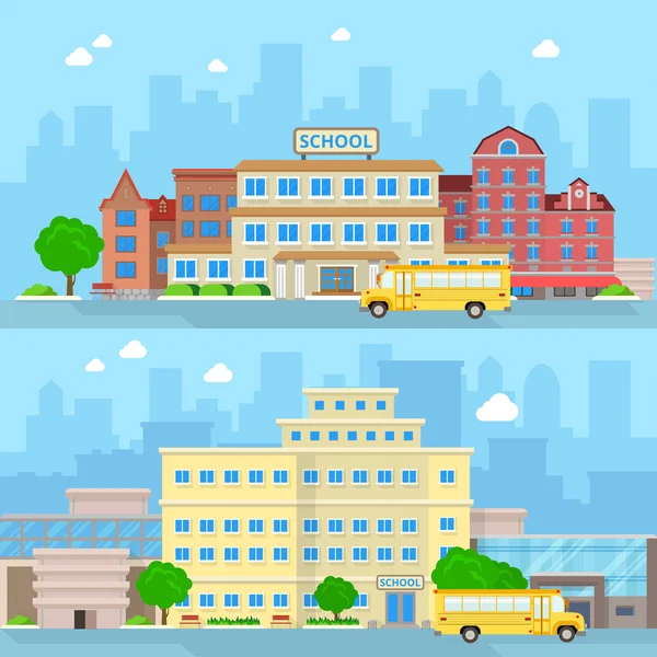 T escola de ônibus e fachada do edifício — Vetor de Stock