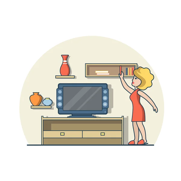 T женщина в гостиной рядом с телевизором — стоковый вектор