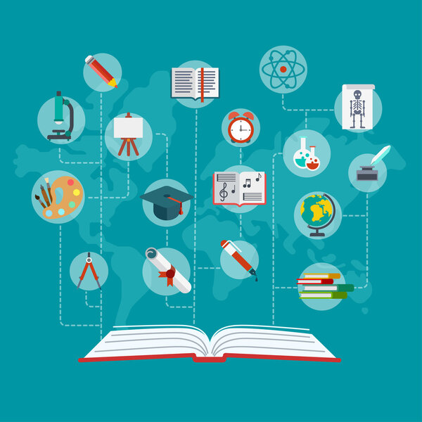 open book with education icons
