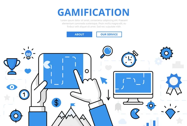 Γραμμική επίπεδη Gamification infographics πρότυπο — Διανυσματικό Αρχείο