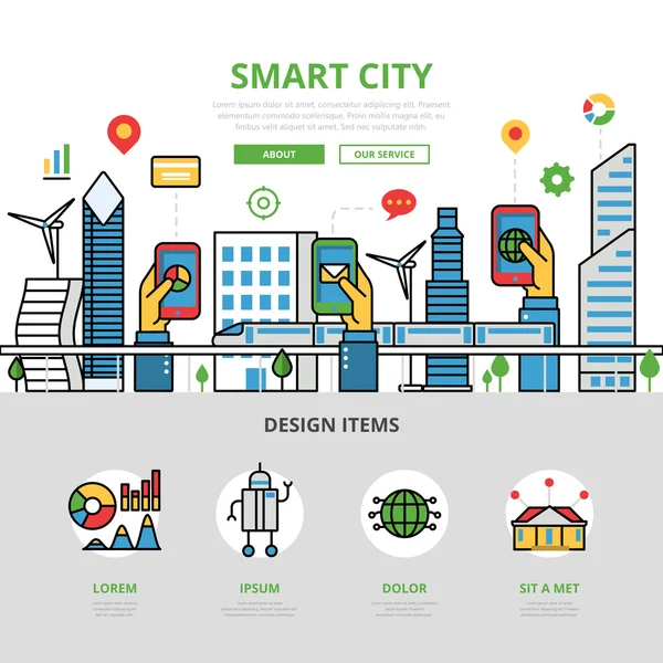 Modelo de infográficos de aplicativo de cidade inteligente plana linear —  Vetores de Stock