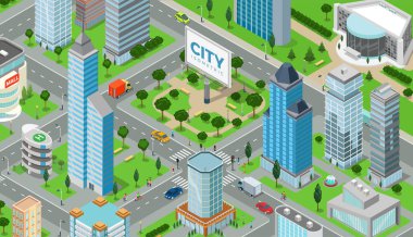 Düz izometrik megalopolis infographics engeller