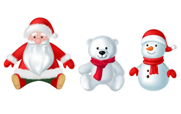 Decoraciones de Navidad y juguetes aislados en el conjunto de ilustración de vector de fondo blanco. Concepto de vacaciones de invierno. Papá Noel, Muñeco de nieve, Decoración de oso . — Vector de stock