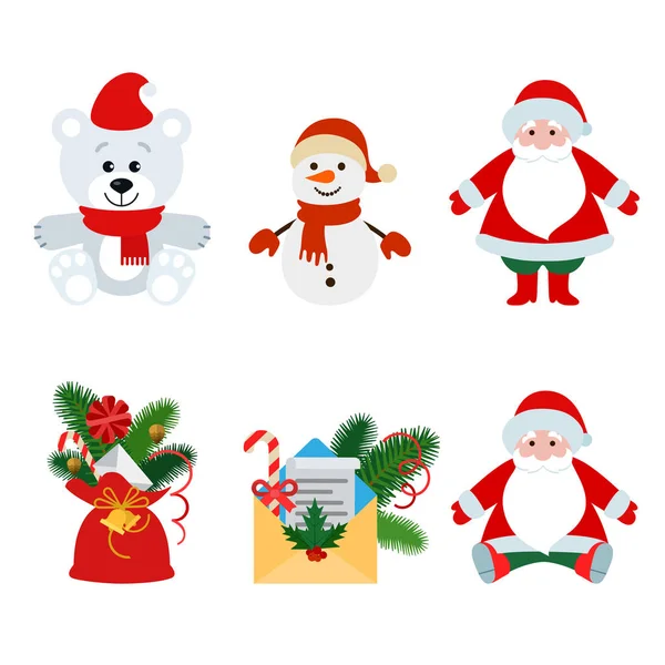 Décorations de Noël et jouets isolés sur fond blanc ensemble d'illustration vectorielle. Concept vacances d'hiver. Père Noël, Bonhomme de neige, Ours, sac, enveloppe de souhaits avec décor . — Image vectorielle