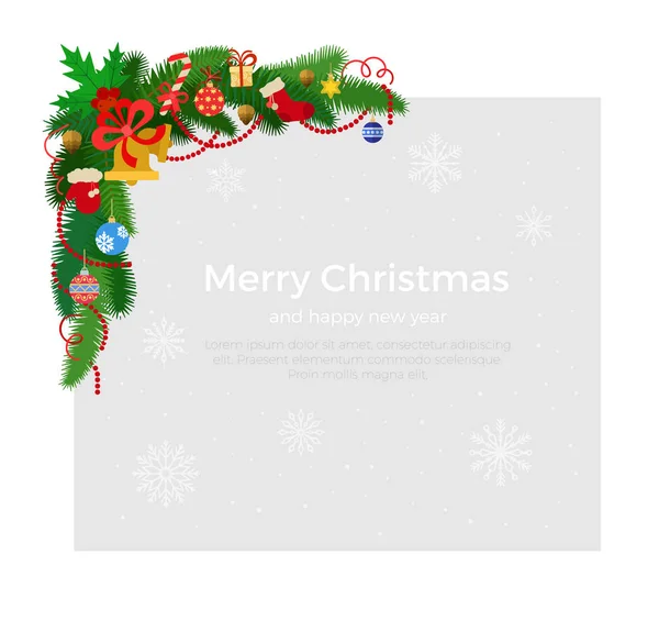 Corner Fir-tree branches with garland, Christmas tree toys and bells, snowflakes background vector illustration. Winter holidays and celebrations concept. Empty copyspace for your text. — Stock Illustration Corner Fir-tree branches with garland, Christmas tree toys and bells, snowflakes background vector illustration. Winter holidays and celebrations concept. Empty copyspace for your text. Stock Illustration