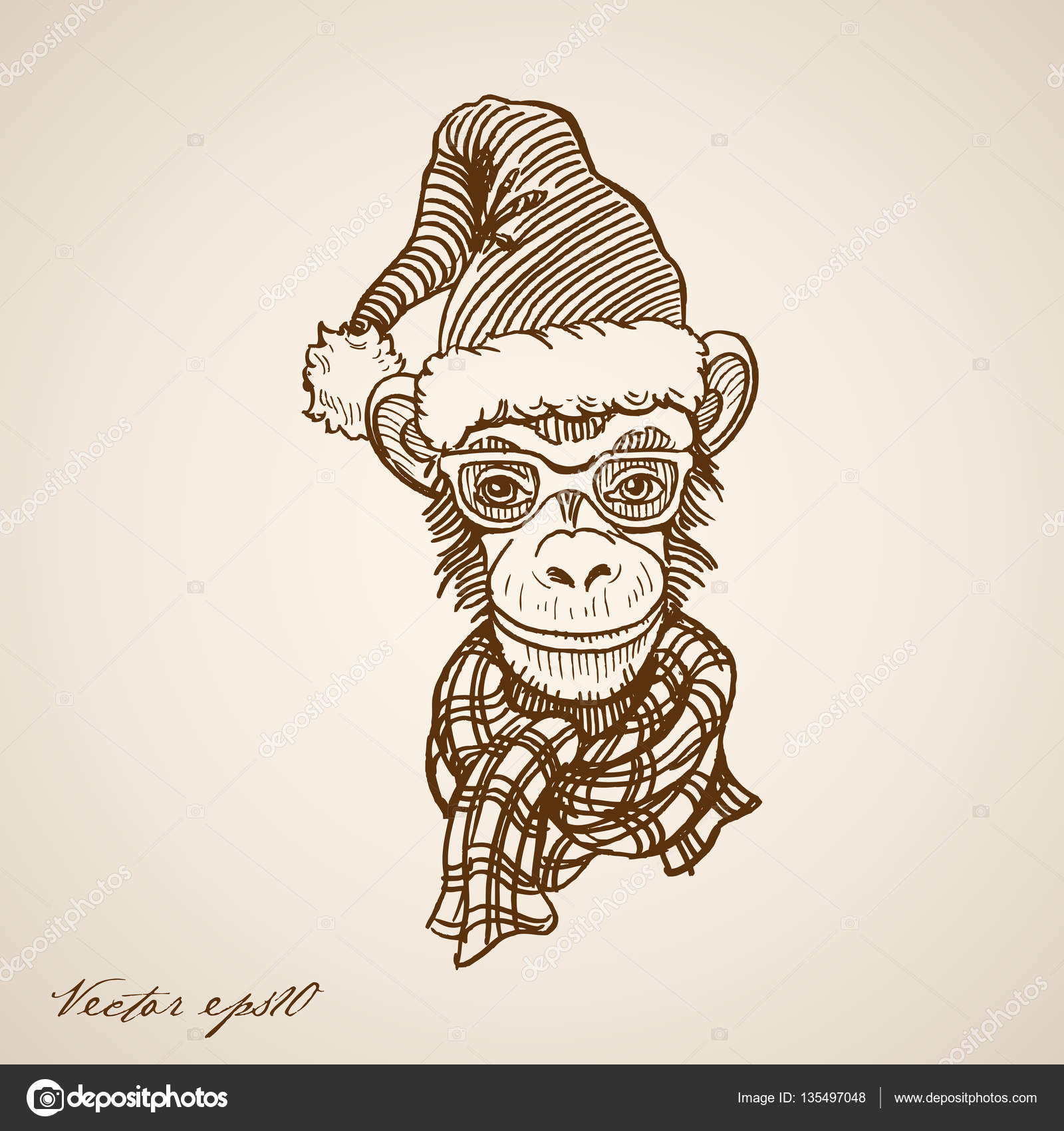 Disegno di illustrazione vettoriale di mano dell annata disegnata scimmia in occhiali e cappello di Babbo Natale — Vettoriali di Sentavio