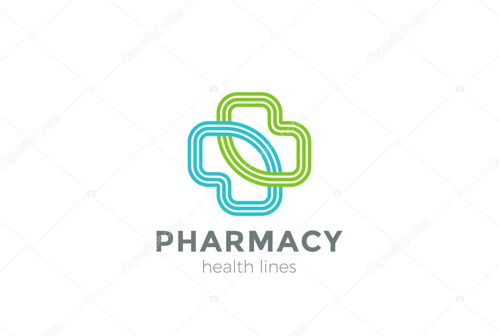 Pharmacy Logo eco green cross design vector template Linear style
