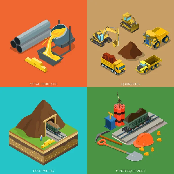 Concepto de minería de oro isométrica plana . — Vector de stock