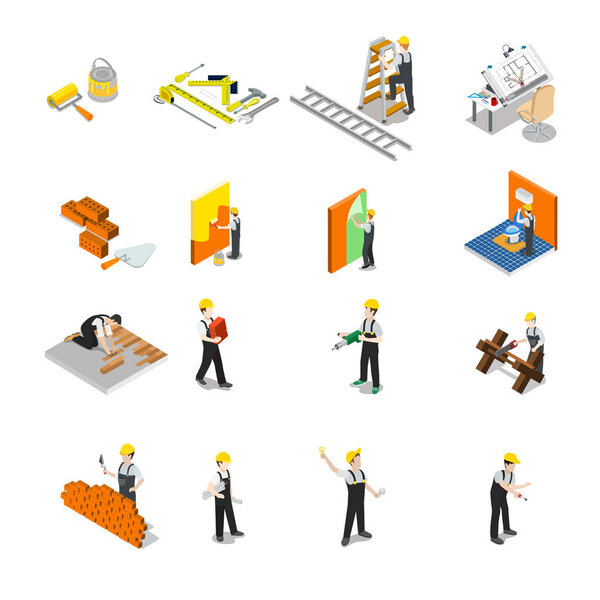 Flat isometric Construction professionals  icons.