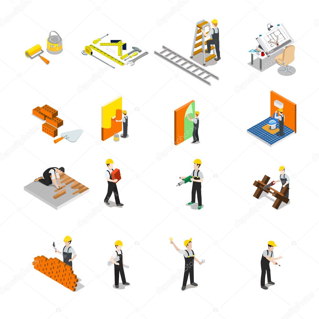 Flat isometric Construction professionals  icons.