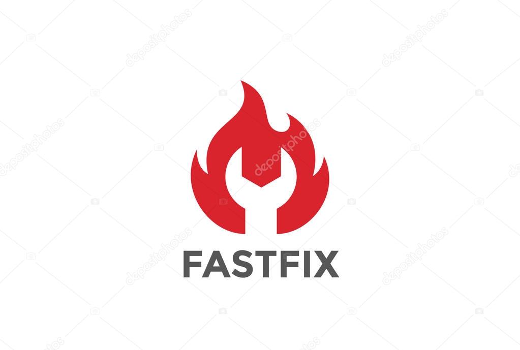 Wrench in Fire Flame Logo design vector template Negative space style