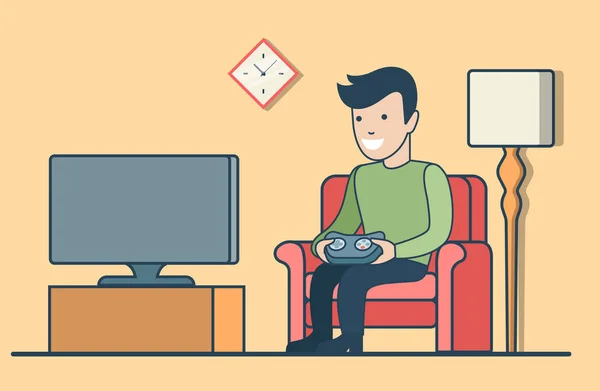 Homem sentado e jogando console de jogos — Vetor de Stock