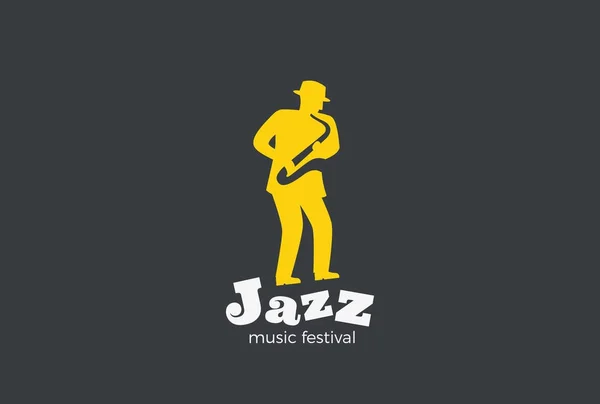 Saxophonist Playing Jazz Saxophone Logo Design Vector Template Negative Space — Stock Vector